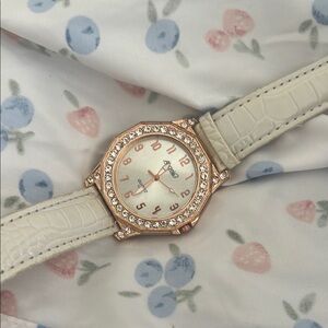 Geneva Cream and Gold Watch with Crystal Accents